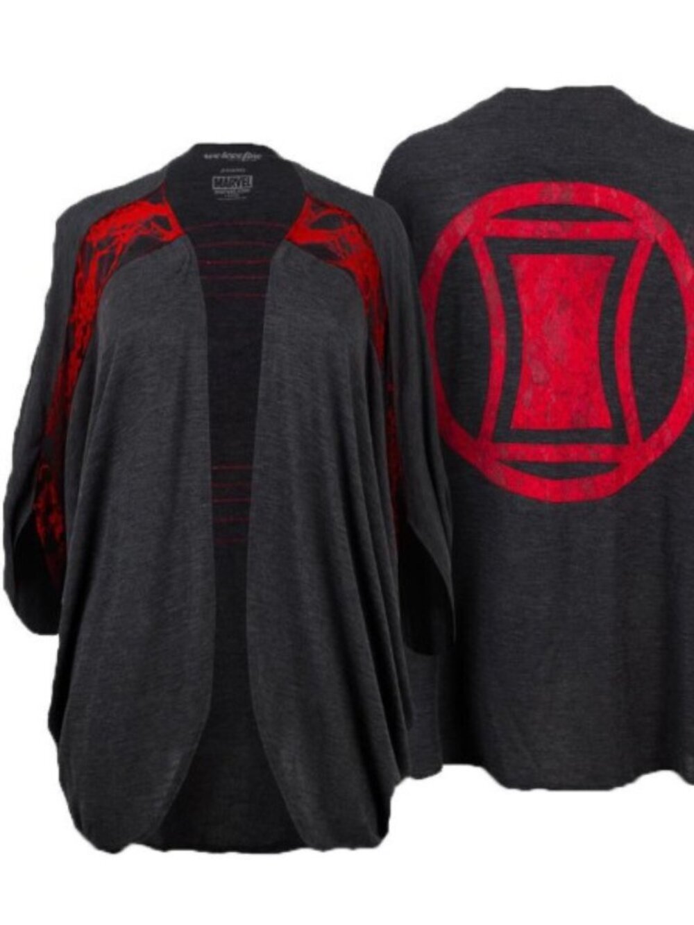 RARE:  Mighty Fine Marvel Black Widow Open Front Flowy Shrug Red Lace Logo Cardi